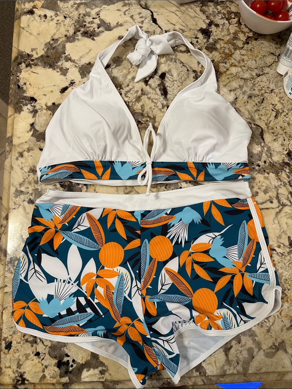 White Halter Swim Top & Tropical Print Shorts - Women's Two-Piece Swim Set